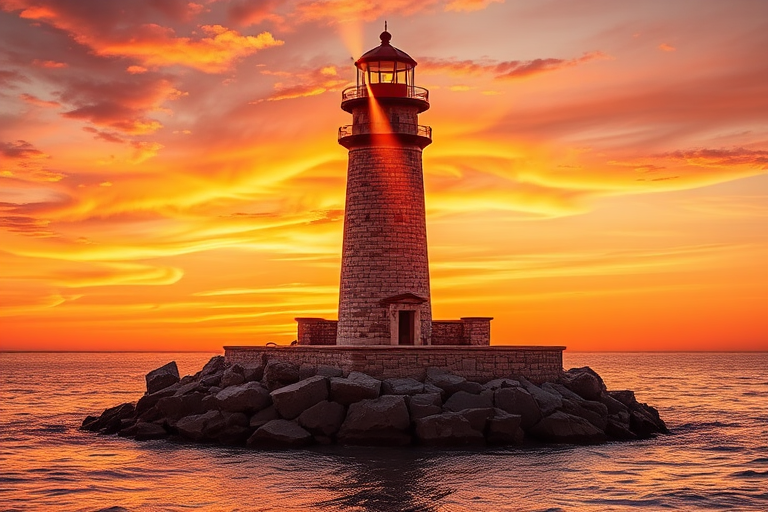 Generate an image of a tall lighthouse perched on a rocky outcrop surrounded by calm ocean waters during a breathtaking sunset. The lighthouse stands sturdy and weathered, its stone surface illuminated by the warm golden light of the setting sun. The sun's rays pass directly through the glass lantern room at the top of the lighthouse, casting a brilliant light across the scene. The sky is painted with vibrant shades of orange, pink, and purple, reflecting off the tranquil sea. The surrounding water shimmers with the same warm hues, creating a serene and majestic atmosphere.