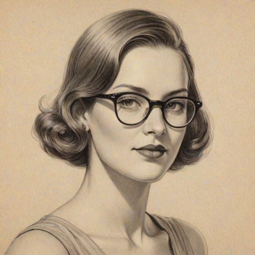 Attractive Kat Foster, pencil sketch, portrait of Enticing woman 1933s in glasses, hair style beatnik, outline, clear lines, fine lines, 8k