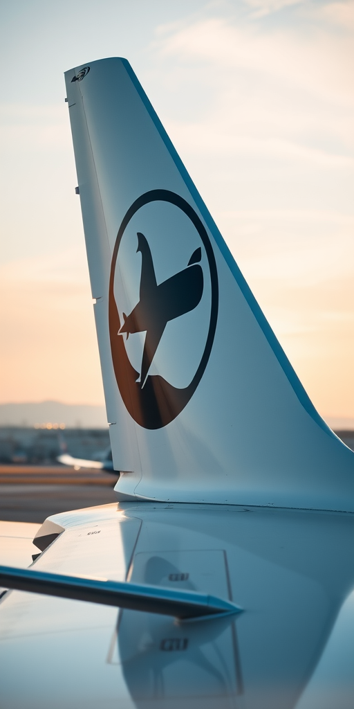 Regenerate an image of an airplane tail with a distinctive logo, using a Canon EOS 5D Mark IV, 50mm lens, f/8 aperture, ISO 100, shot from a close-up angle with soft natural lighting to enhance details and colors.