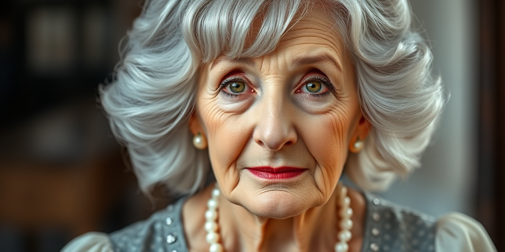 Create a high-resolution portrait of an elderly woman with silver hair styled in soft waves, wearing a pearl necklace and a vintage dress, captured with a Canon EOS R5, 85mm f/1.2 lens, at f/1.2 aperture, 1/125s shutter speed, with soft natural lighting and a shallow depth of field to emphasize facial details.