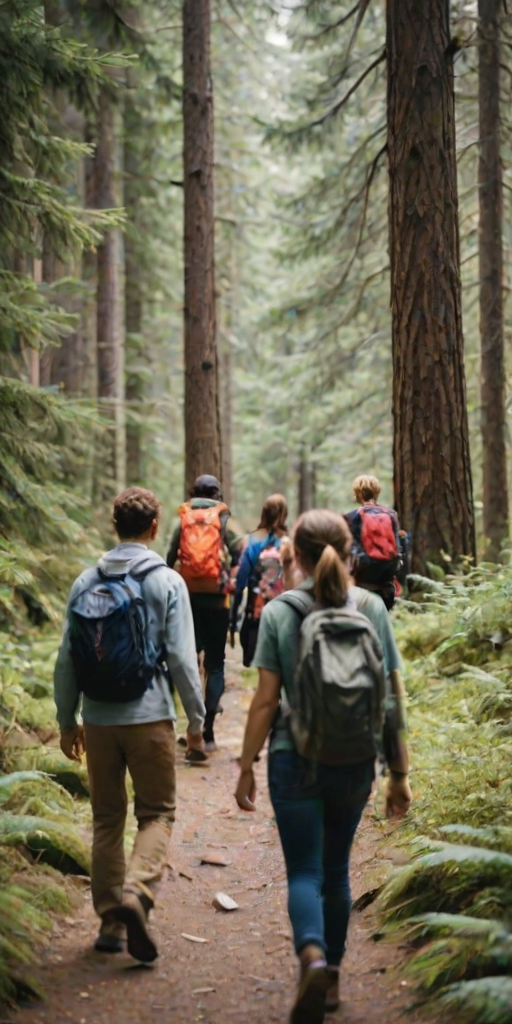 Blurry, candid photo of a group of friends hiking along a forest trail, soft light filtering through the trees, with distant mountains barely visible in the background.