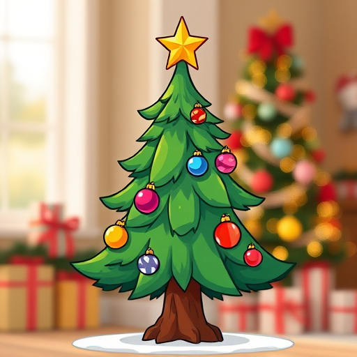 Create a vibrant illustration of a cartoon Christmas tree with a star on top, colorful ornaments, and a sturdy trunk, shot with a DSLR camera at f/2.8 aperture, 50mm lens, with a depth of field to enhance the background blur, in a bright, festive setting.