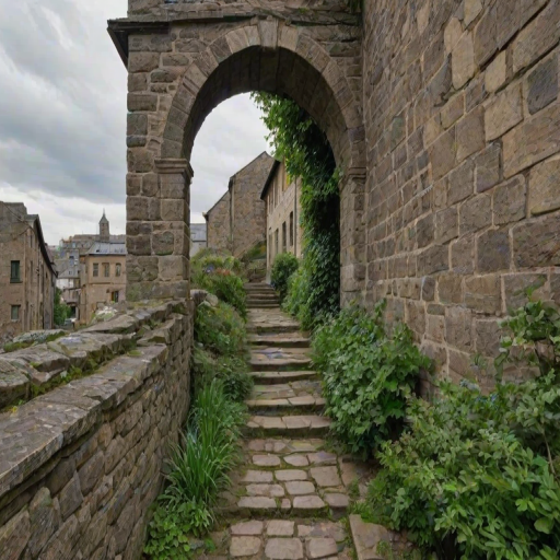 a narrow stone pathway leading up stairs with greenery, old buildings in the background, under a rustic archway with a cloudy sky