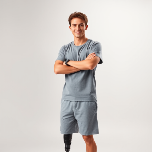 Create a high-resolution digital illustration of a young man with a prosthetic leg standing confidently with his arms crossed, wearing a gray t-shirt and shorts, bright lighting, 35mm lens, f/2.8 aperture, soft focus background, in a studio setting, using a DSLR camera.