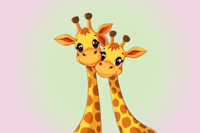 create a vibrant illustration of two cartoon giraffes standing closely together with a playful design, using a soft focus lens at f/4 for a shallow depth of field, captured from a low angle view to emphasize their height, in a bright and colorful style with a digital art finish.