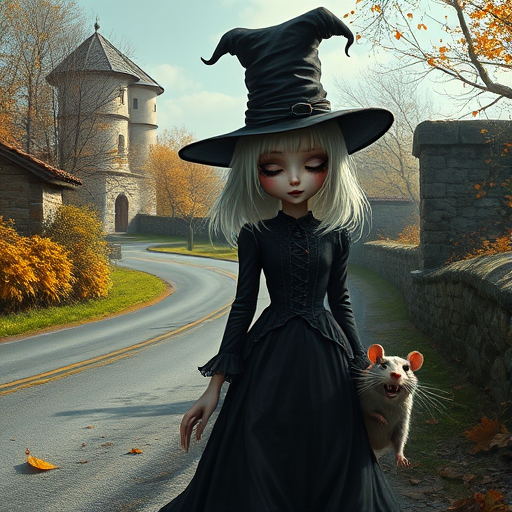 digital art fantasy depicting a strange girl with white hair, long eyelashes, black lipstick and a tall hat walking along a winding road on an autumn afternoon, an Rat smiles as she passes