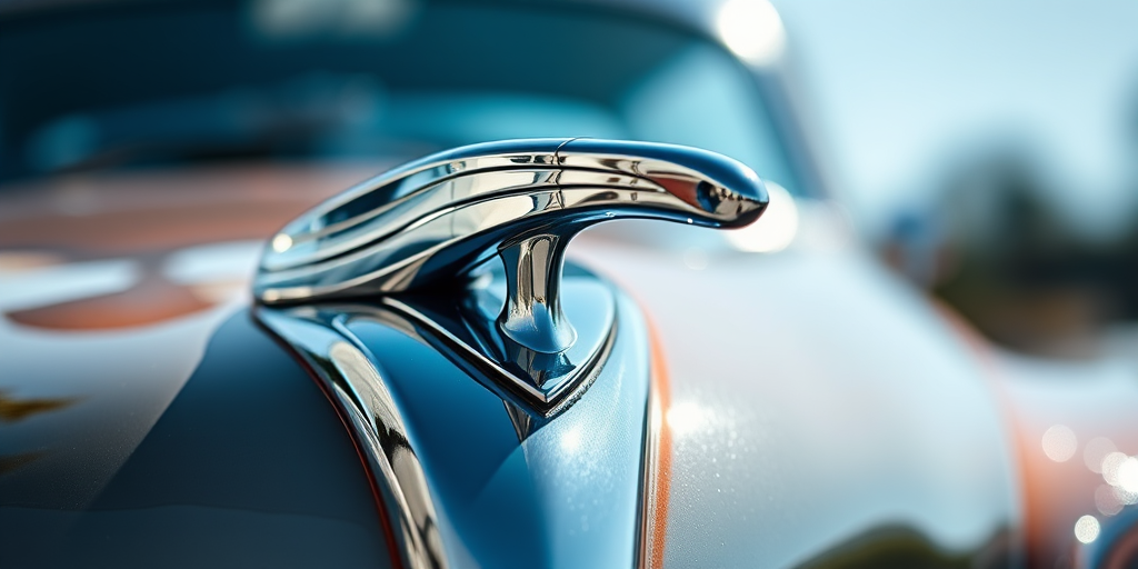 Capture a close-up of a chrome car hood ornament in bright daylight, using a DSLR camera with a 50mm lens, aperture set to f/2.8 for a shallow depth of field, ISO 100, and a shutter speed of 1/250s, highlighting the intricate details and reflections.