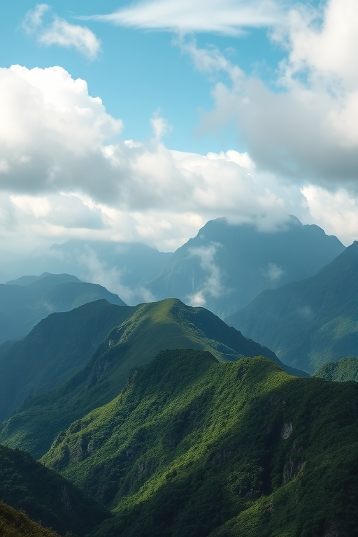 A high-resolution landscape of misty green mountains with dramatic peaks and soft clouds, captured with a Canon EOS R5, 50mm lens, aperture f/8, ISO 100, under soft natural light, focusing on depth and clarity.
