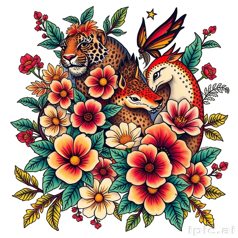 Neotraditional tattoo design known as "Floral Menagerie" combining bold outlines vibrant colors and stylized animals intertwined with lush flowers leaves and vines in a cohesive and eye-catching arrangement