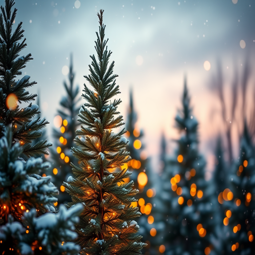 Create a serene winter landscape featuring tall evergreen trees adorned with warm golden lights surrounded by softly falling snowflakes in a dreamy twilight setting with a blurred background of glowing orbs and a gentle ambiance of holiday spirit.
