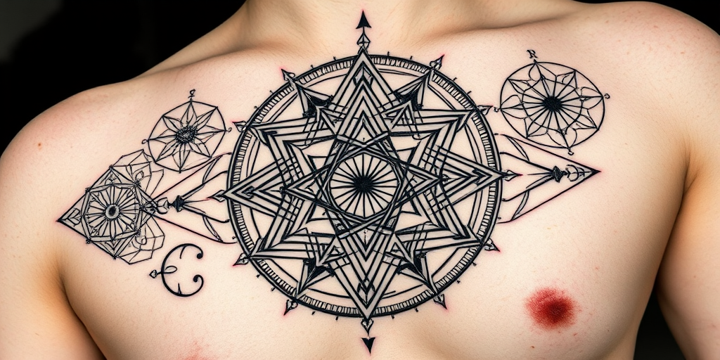 Intricate blackwork geometric tattoo called "Sacred Geometry" showcasing precise lines and complex patterns forming interconnected shapes and symbols inspired by ancient mathematical principles and spiritual designs