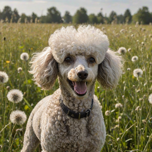 An expressive image of a poodle dog in a comedic situation where it appears to be sneezing. The dog's eyes are squeezed shut, and its ears flap as the force of the sneeze is illustrated. Mouth slightly open, visible sneeze particles flying in the air. In the background, a lush green field full of seed head dandelions.