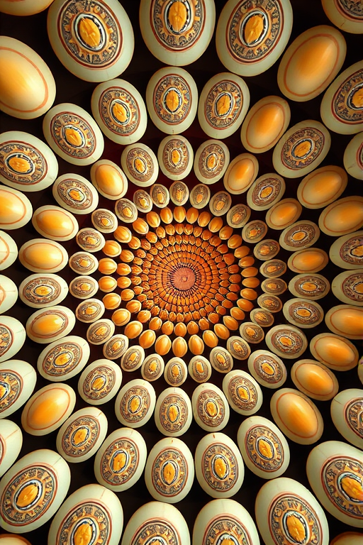 create a high-resolution image of a spiraling pattern of oval shapes with intricate designs, using a DSLR camera, 50mm lens, f/8 aperture, ISO 100, shutter speed 1/125s, top-down view, vibrant colors, and sharp focus on the center of the spiral.