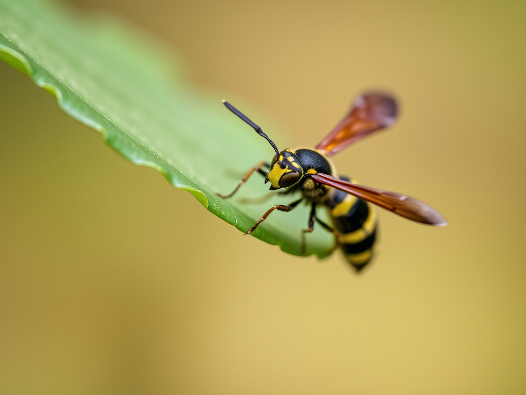 macro shot of a hornet perched on a green leaf with a shallow depth of field, 100mm f/2.8 lens, ISO 200, 1/200 sec, natural light, DSLR camera, focus on insect details, soft background blur