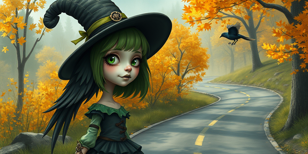digital art fantasy depicting a strange girl with green hair, long eyelashes, green lipstick and a tall hat walking along a winding road on an autumn afternoon, an Umbrellabird smiles as she passes