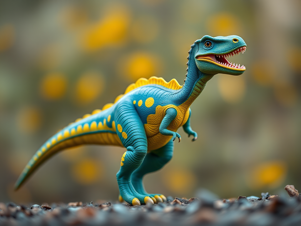 Create a high-resolution image of a stylized dinosaur in vibrant blue and yellow colors, using a Canon EOS R5 camera with a 50mm f/1.2 lens, set to ISO 100, aperture f/2.8, and a shutter speed of 1/250s, capturing a dynamic side view with a shallow depth of field for enhanced detail and clarity.