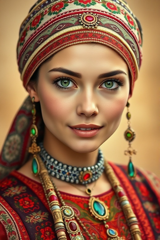 Create a portrait of a beautiful Kyrgyz woman with striking green eyes and a gentle expression. She is adorned in traditional attire with intricate patterns, including a richly embroidered headscarf and matching garments. Her jewelry includes a delicate headpiece, dangling earrings, and ornate bracelets, all featuring vibrant gemstones and detailed metalwork. The background is soft and warm, enhancing the rich colors of her outfit and jewelry.