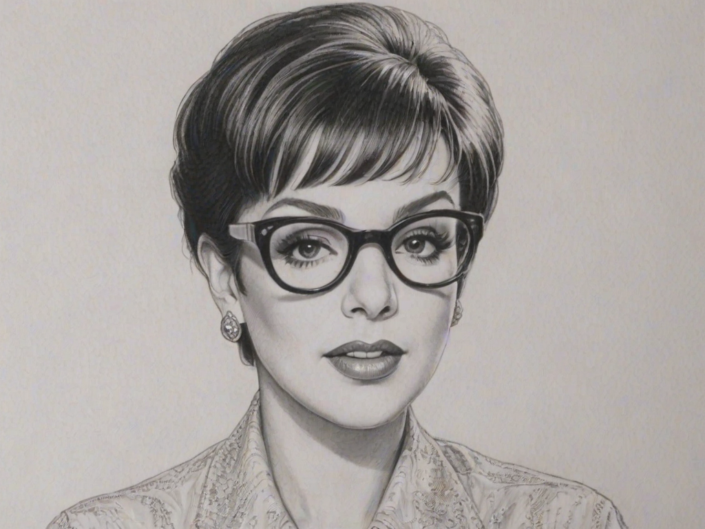 Pleasing Liza Minnelli, pencil sketch, portrait of Exquisite woman 1943s in glasses, hair style beatnik, outline, clear lines, fine lines, 8k