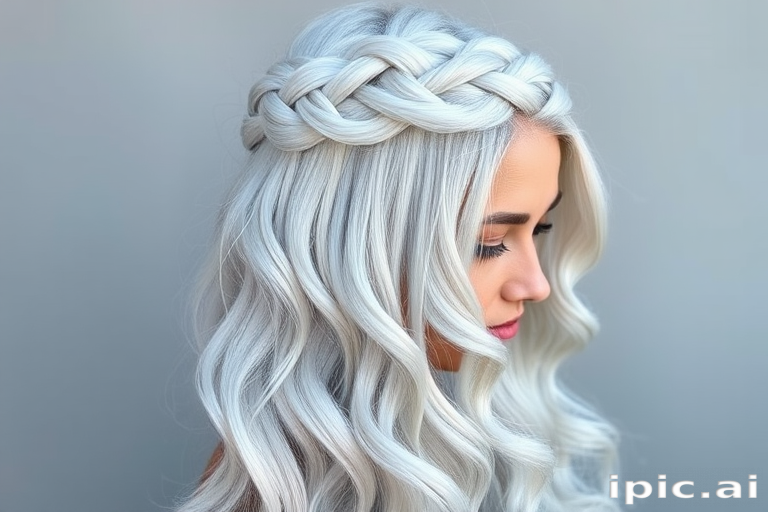 Silvery-white long layers called "Frost Queen" with icy blue undertones, styled in a half-up crown braid with cascading waves for a regal appearance