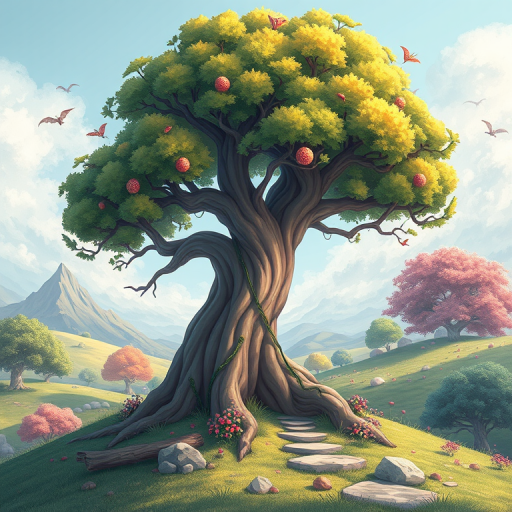 Generate a high-resolution illustration of a whimsical tree with a large, twisted trunk and colorful foliage in a fantasy landscape, shot with a 50mm lens at f/2.8, ISO 100, and a shallow depth of field for a soft background blur, using a DSLR camera for enhanced image quality and vibrant colors.