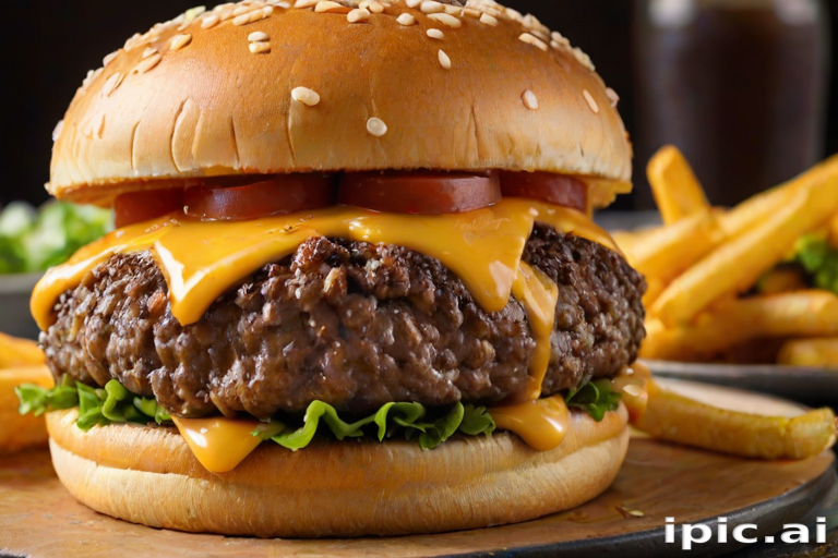 High-resolution, close-up image of a gourmet double cheeseburger. The burger features a glossy, sesame-seed-topped brioche bun. Inside, there are two thick, juicy beef patties, each topped with melted cheddar cheese. The burger is garnished with fresh lettuce, tomato slices, diced onions, and pickles. A generous amount of ketchup and a creamy, orange-colored sauce is dripping down the sides, adding to the mouth-watering appeal. In the background, there are blurred elements including a side of golden French fries and a hint of a beverage, enhancing the overall presentation of a delicious meal.