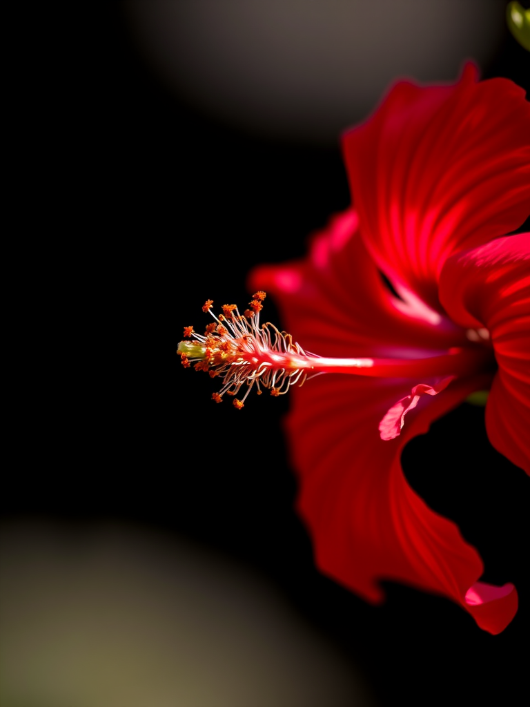 Capture a close-up of a vibrant red hibiscus flower against a black background, using a macro lens, f/2.8 aperture, 1/200 sec shutter speed, ISO 100, and soft natural lighting for enhanced detail and color saturation.