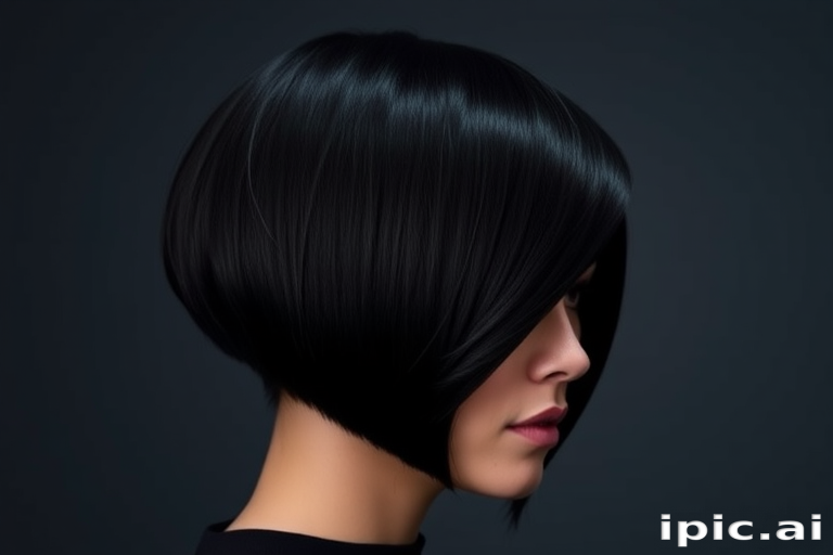Sleek jet-black bob cut in the "Midnight Precision" style features a razor-sharp asymmetrical line, accented with electric blue underlights peeking through for added dimension