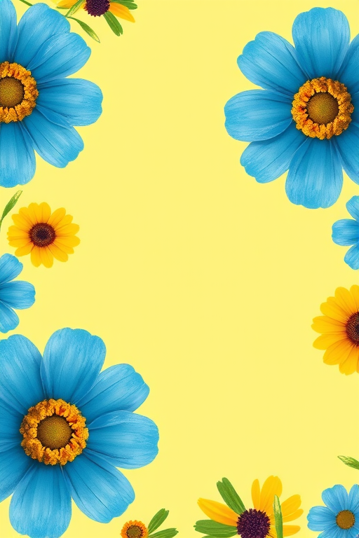Create a vibrant floral border illustration featuring large blue and yellow flowers with circular centers on a soft yellow background, shot with a Canon EOS R5 at f/5.6, 1/125s, ISO 100, using a macro lens for close-up detail and vivid colors.