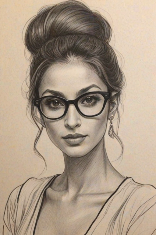 Exquisite Iman Vellani, pencil sketch, portrait of Exquisite woman 1974s in glasses, hair style beatnik, outline, clear lines, fine lines, 8k