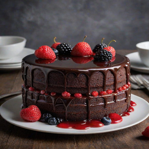 Create an image of a beautifully layered chocolate cake with a glossy red fruit glaze on top. The cake should be displayed on an elegant white plate, with a slice cut out and placed on a separate plate. Include details like fresh berries on top of the glaze and a decorative fork beside the plates. The background should be softly lit to enhance the cake's colors and textures.