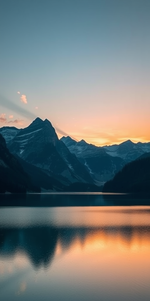 Generate an image of a high-resolution landscape with mountains, a sunset sky, and a reflective lake, captured with a Canon EOS R5, 24mm lens, f/8 aperture, ISO 100, shot at sunset with soft, natural lighting.