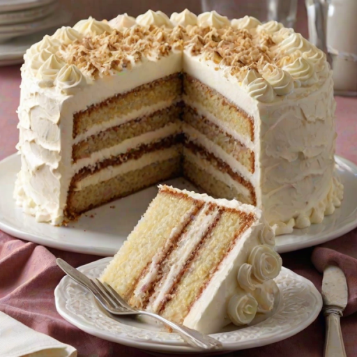 Create an image of a layered cake with a creamy white frosting and a crumb topping. The cake should have several visible layers, each filled with a light and fluffy cream. A slice of the cake is being served, revealing the texture and layers inside. The background should be a simple, elegant setting that complements the cake.