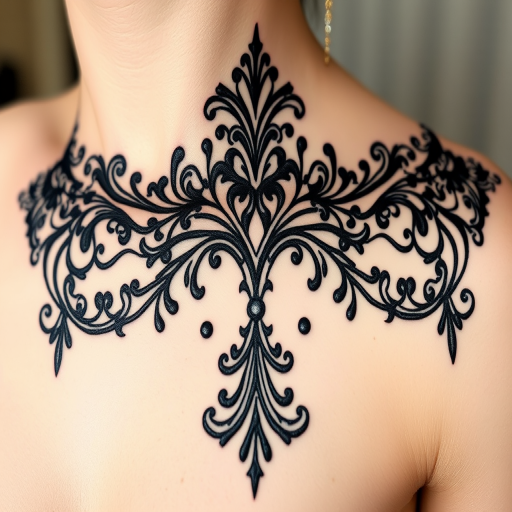 Elegant blackwork ornamental tattoo called "Victorian Lace" showcasing intricate patterns inspired by vintage lace designs and filigree work, with delicate lines and swirls forming a cohesive and symmetrical design that adorns the skin like a piece of fine jewelry, creating a timeless and sophisticated tattoo that exudes femininity and grace
