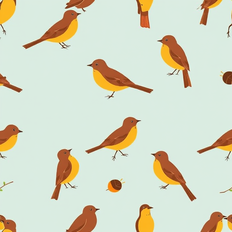 create a seamless pattern featuring stylized birds in shades of brown and yellow against a light blue background, use a 50mm lens, f/5.6 aperture, ISO 200, with a top-down view, digital illustration style, high resolution for crisp detail