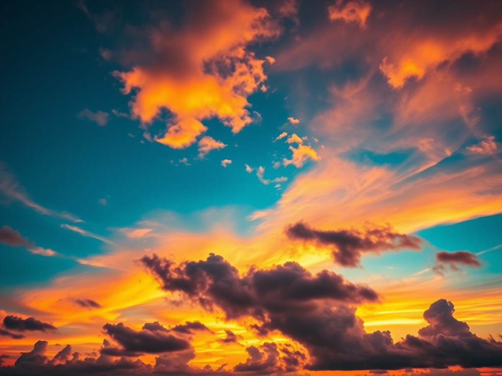 A vibrant sunset over dramatic clouds with iridescent colors captured at f/8 aperture, ISO 100, 1/60 sec shutter speed using a full-frame DSLR camera from a low angle perspective, wide-angle lens, emphasizing the cloud formations and colors.