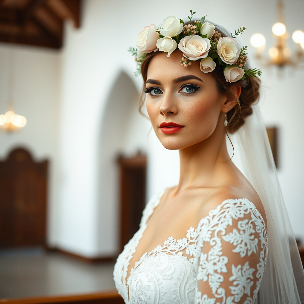 church scene, bridal model, delicate lace gown, floral headpiece, soft romantic focus, high-key lighting and an 85mm lens for soft, even tones that highlight the model’s face and bright outfit against a white or light background