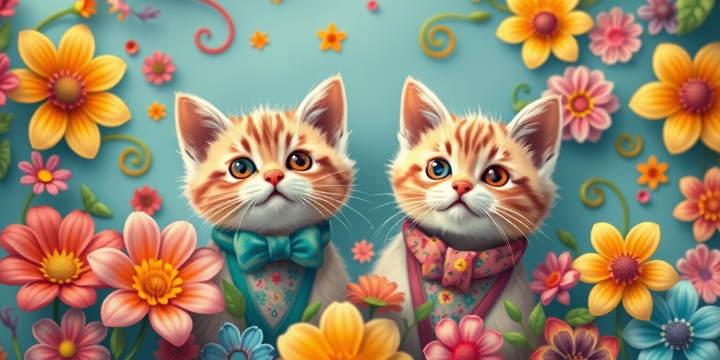 Create a vibrant illustration of two cute cats in decorative outfits amidst colorful flowers and swirls, using a soft focus lens with an aperture of f/2.8, 50mm focal length, shot from a top-down perspective, DSLR camera style for high detail and vivid colors.