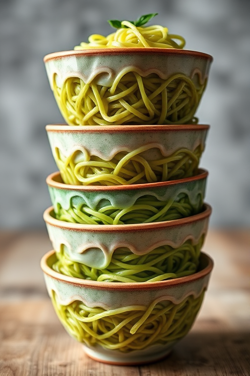 Create a realistic image of four stacked bowls of green noodles with a detailed texture, using a 50mm lens, f/2.8 aperture, 1/125 shutter speed, and a soft focus background, captured with a DSLR camera from a top-down view.