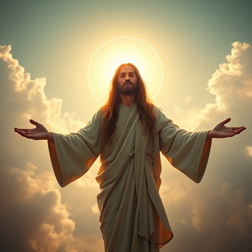 Create a highly detailed artistic depiction of a serene figure with long hair and a robe, standing with arms outstretched amid a radiant halo and soft clouds, captured with a Canon EOS R5 at f/1.8, ISO 100, 1/200s, using a cinematic style with dramatic lighting and high dynamic range.