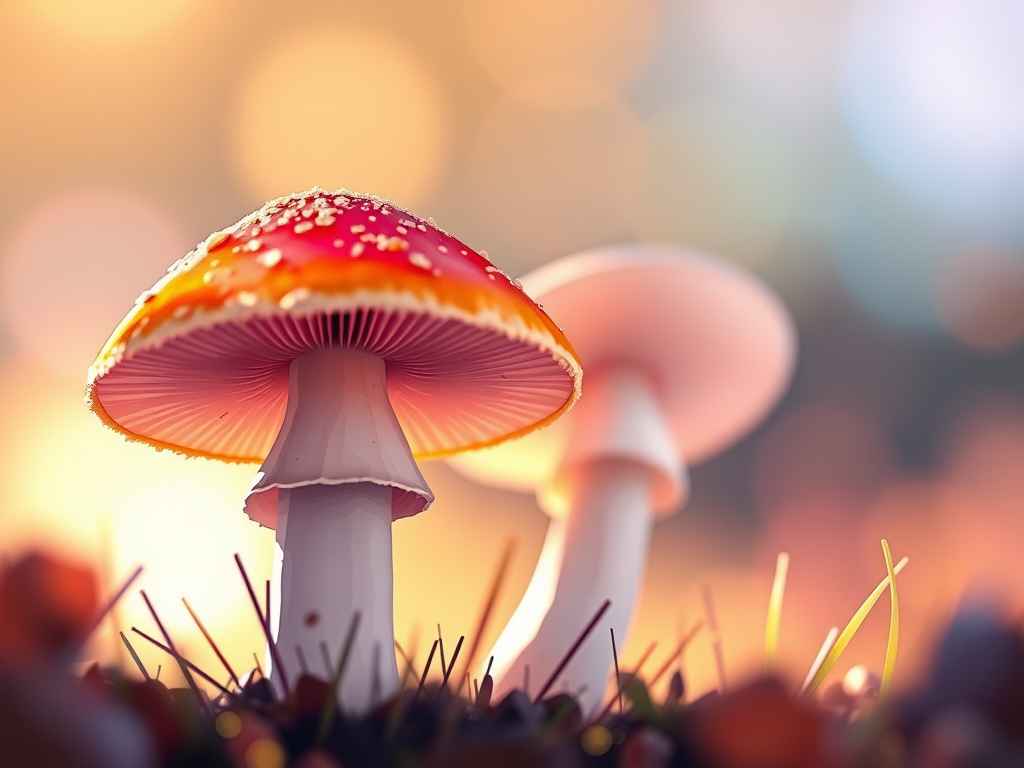 Create a high-resolution illustration of two mushrooms, using a macro lens with an aperture of f/2.8 to achieve a shallow depth of field, shot from a low angle to emphasize detail and texture, in a bright and vibrant color palette, digital artwork style.