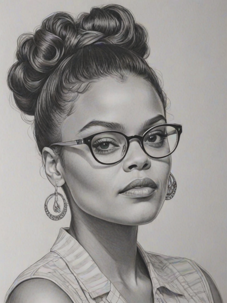 Lovely Andra Day, pencil sketch, portrait of Fetching woman 1965s in glasses, hair style beatnik, outline, clear lines, fine lines, 8k