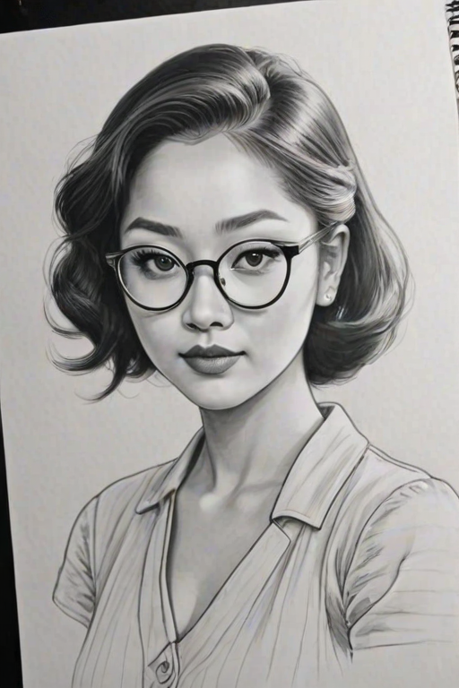 Elegant Lana Condor, pencil sketch, portrait of Splendid woman 1920s in glasses, hair style beatnik, outline, clear lines, fine lines, 8k