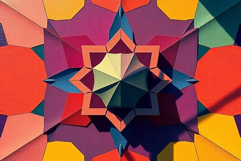 Create an abstract geometric design with vibrant colors, using a 50mm lens, aperture f/1.8, ISO 100, and natural lighting, shot from a top-down view in a high-resolution digital format.