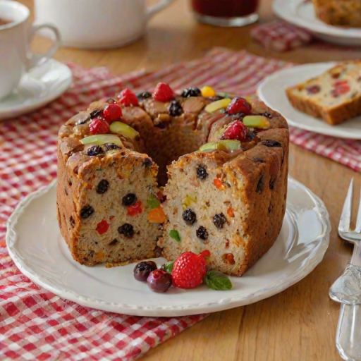 Generate an image of a freshly baked fruitcake on a white plate. The cake should have a golden-brown crust and colorful bits of mixed candied fruit visible in the slices. The setting includes a checkered tablecloth and a cozy kitchen background.
