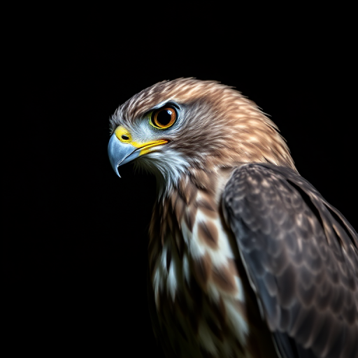 A close-up shot of a hawk perched in a low-light environment, using a DSLR camera with an aperture of f/2.8, shutter speed of 1/500s, ISO 400, and 85mm lens, capturing intricate feather details against a dark background.