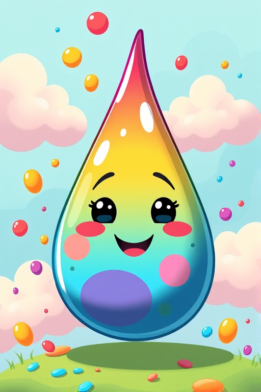 generate a vibrant cartoonish illustration of a colorful droplet with a happy face surrounded by playful clouds and colorful droplets in a whimsical style, using a Canon EOS R5 with a 50mm lens, aperture f/1.8, ISO 100, and a low-angle perspective to enhance the bright colors and details.