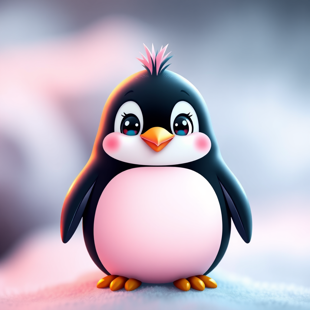 Create a vibrant digital illustration of a cartoon penguin with a pink body and a cheerful expression, using a 50mm lens, f/1.8 aperture, and a soft focus background to enhance color contrast.