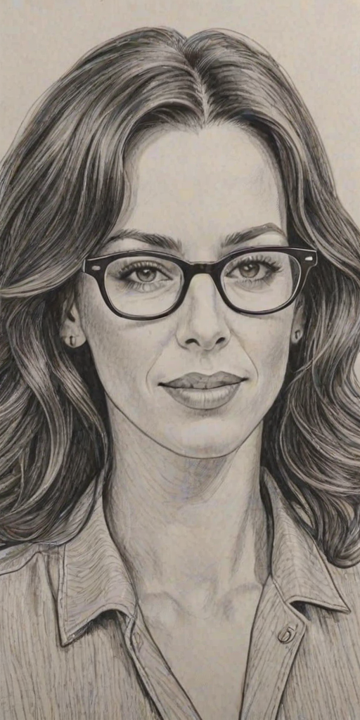 Splendid Alanis Morissette, pencil sketch, portrait of Exquisite woman 1958s in glasses, hair style beatnik, outline, clear lines, fine lines, 8k