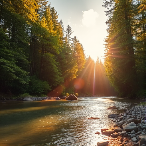 Create an image of a serene, sunlit forest scene with a clear, gently flowing river. Tall trees with lush green foliage line both sides of the river, their leaves bathed in the warm golden light of the setting or rising sun. The sunlight filters through the trees, casting soft, dappled light on the river, which flows over smooth rocks and pebbles, creating a peaceful, natural atmosphere. The sky is bright with a few scattered clouds, and the overall mood is tranquil, evoking a deep sense of connection with nature. The image captures the beauty of a calm, pristine forest landscape at either dawn or dusk.