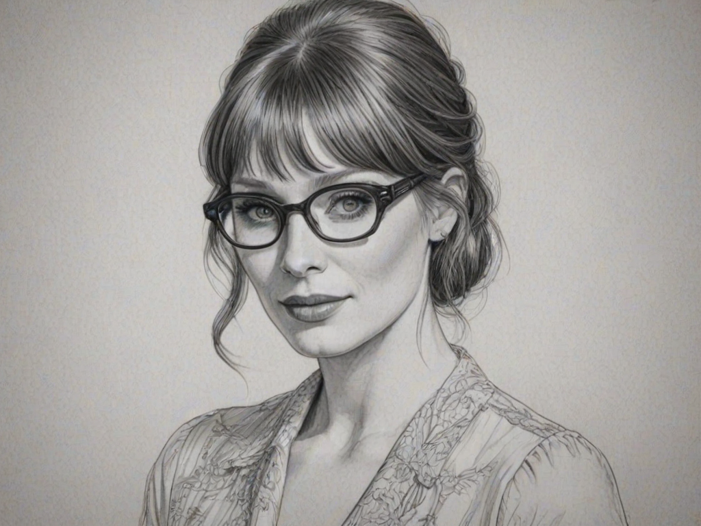 Superb Bryce Dallas Howard, pencil sketch, portrait of Magnificent woman 1960s in glasses, hair style beatnik, outline, clear lines, fine lines, 8k